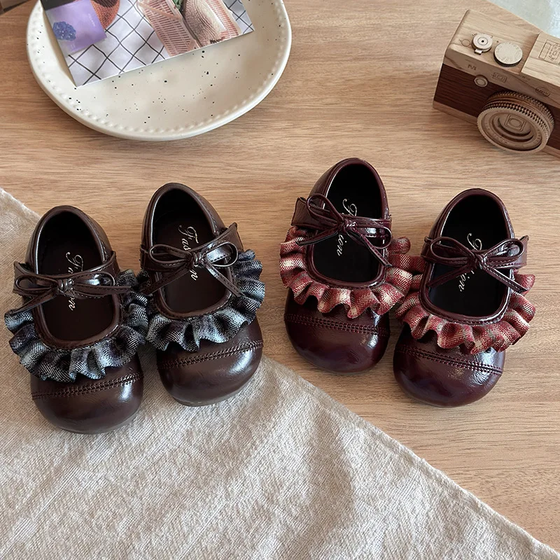 French Bow Pu Leather Shoes Spring Autumn New Fashion Style Girls' Lace Princess Shoe Soft-soled School Student Flats