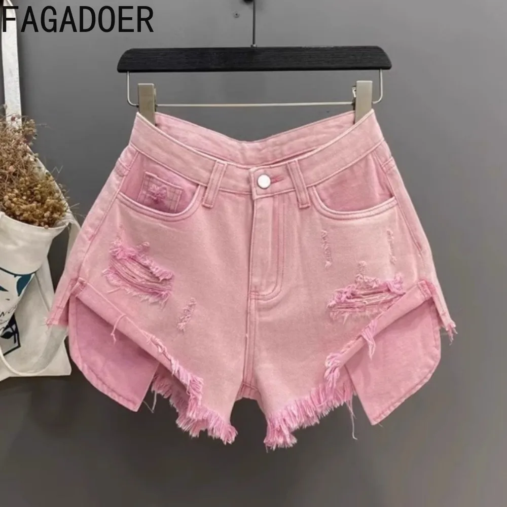 FAGADOER Fashion Hot Girl Streetwear donna vita alta bottone tasca foro a-line pantaloncini di Jeans Casual nappe femminili pantaloni Jeans