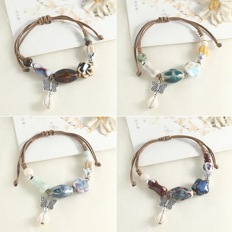 Vintage Butterfly Charm Bangle Colorful Ceramic Stone Beads Braided Rope Handmade Ethnic Bracelet Gift For Women Holiday Wear
