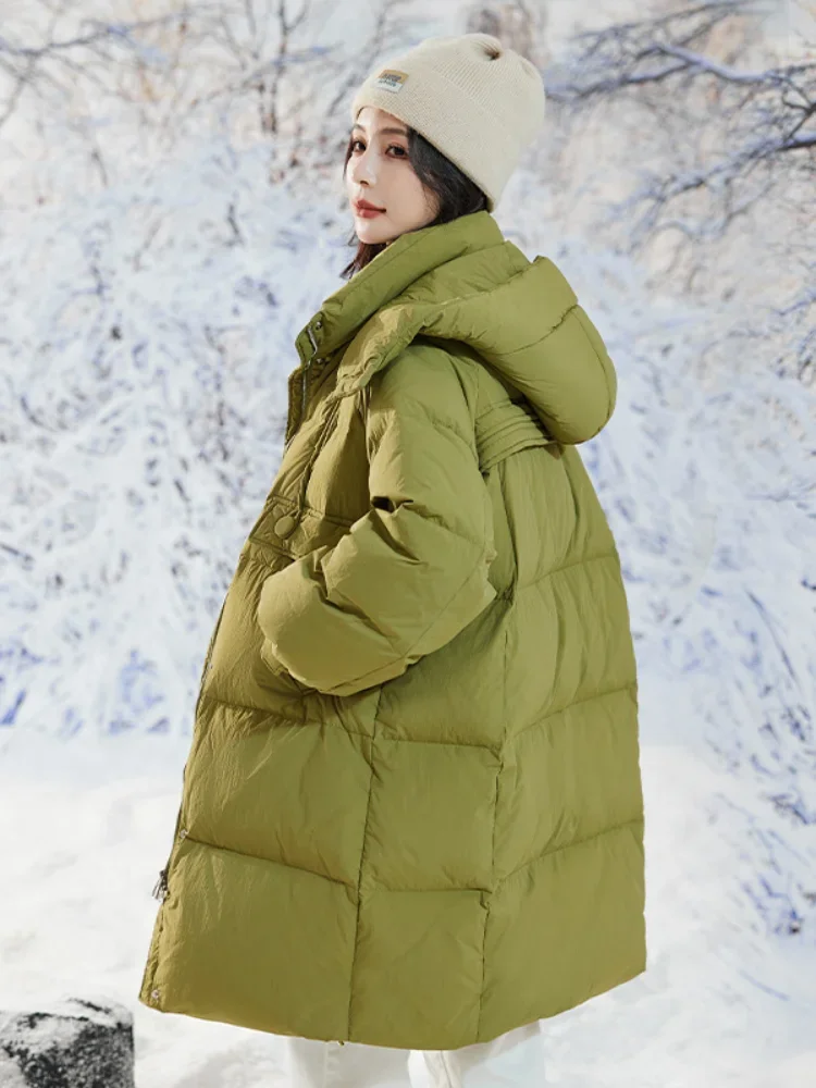 Long Down Jacket for Women, Warm Puffer Jacket, Large Size, 90 White Duck Down, Thick, Loose Stylish Hooded Coat, Winter