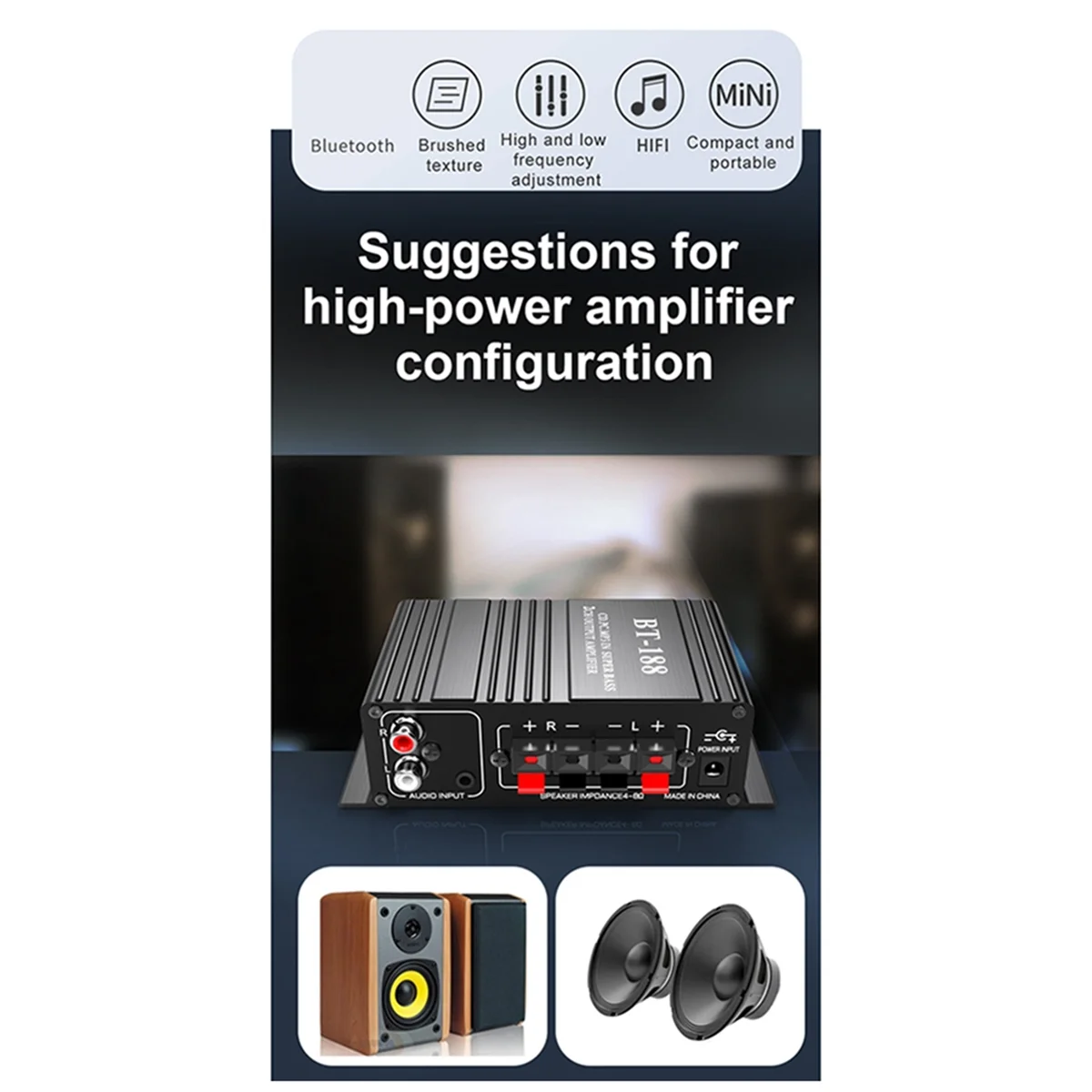 BT-188 Digital Bluetooth Amplifier Mini 2-Channel Output Home Computer Audio Amplifier 12V Car&A78P