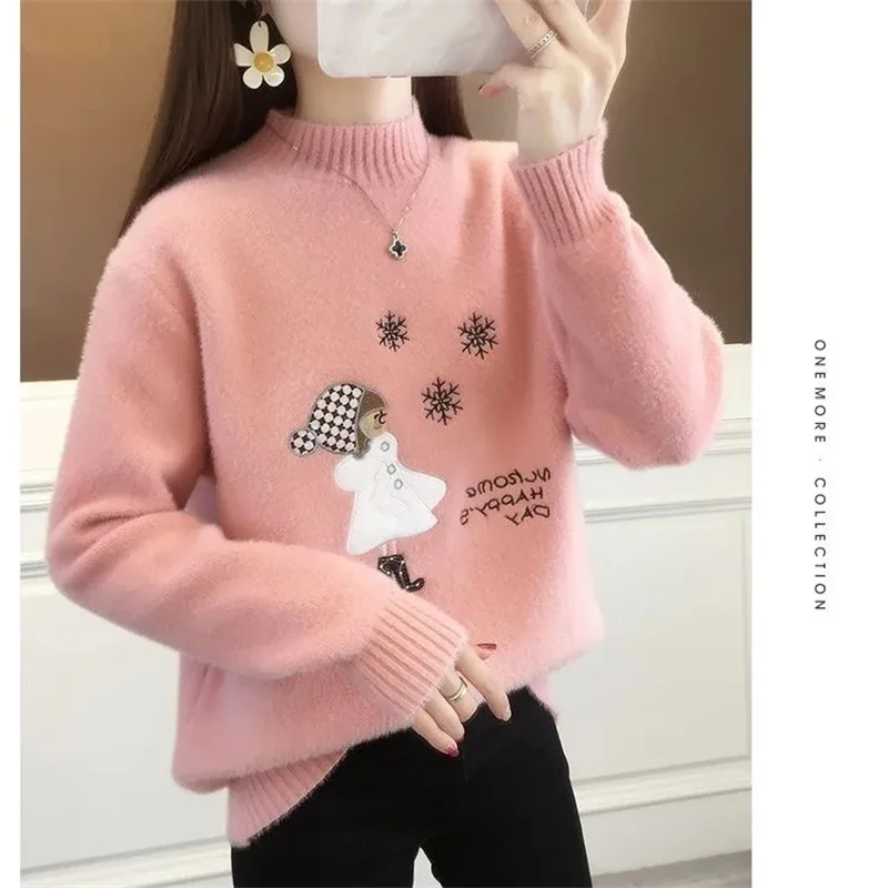 Women\'s Sweater 2023 New Autumn And Winter Add Velvet Fashion Sweater Resemble Mink Wool Pullover Keep Warm Bottoming Shirt