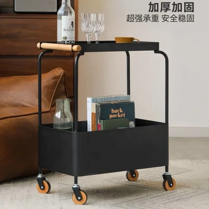 Small cart storage rack, living room, bedroom sofa, wrought iron movable wheel, tea, snacks, side table storage rack