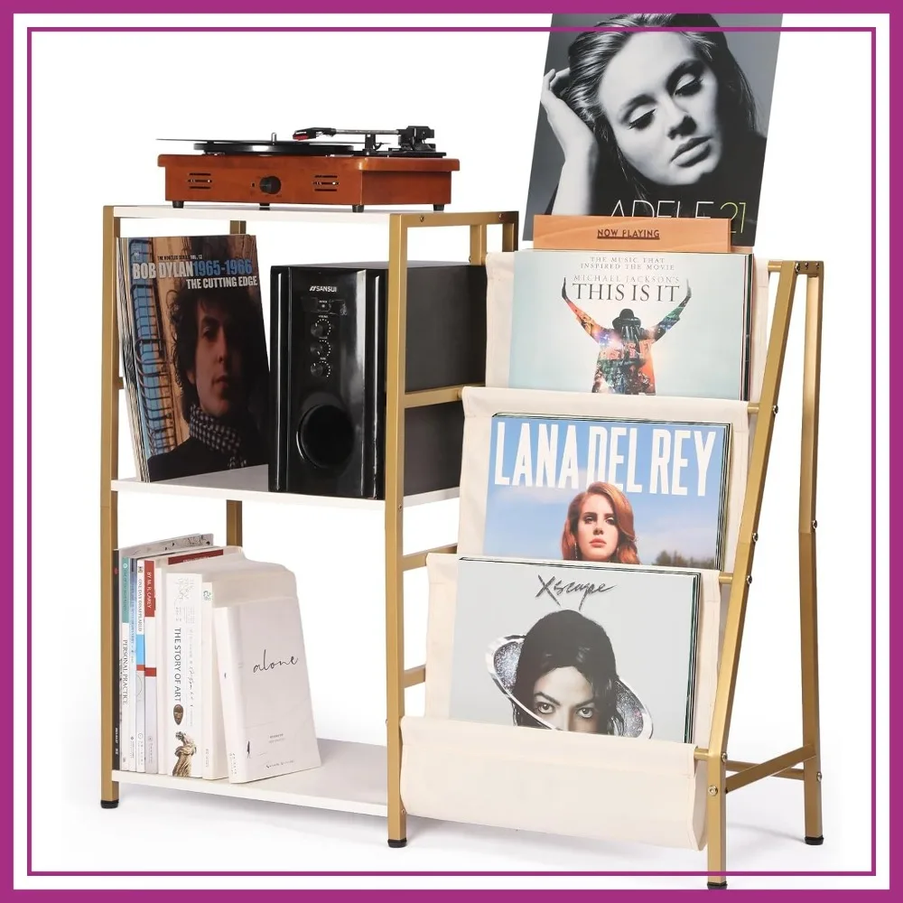 3-Tier Vinyl Record Storage Stand with Now Playing Holder, Turntable Table for Living Room, Gold White