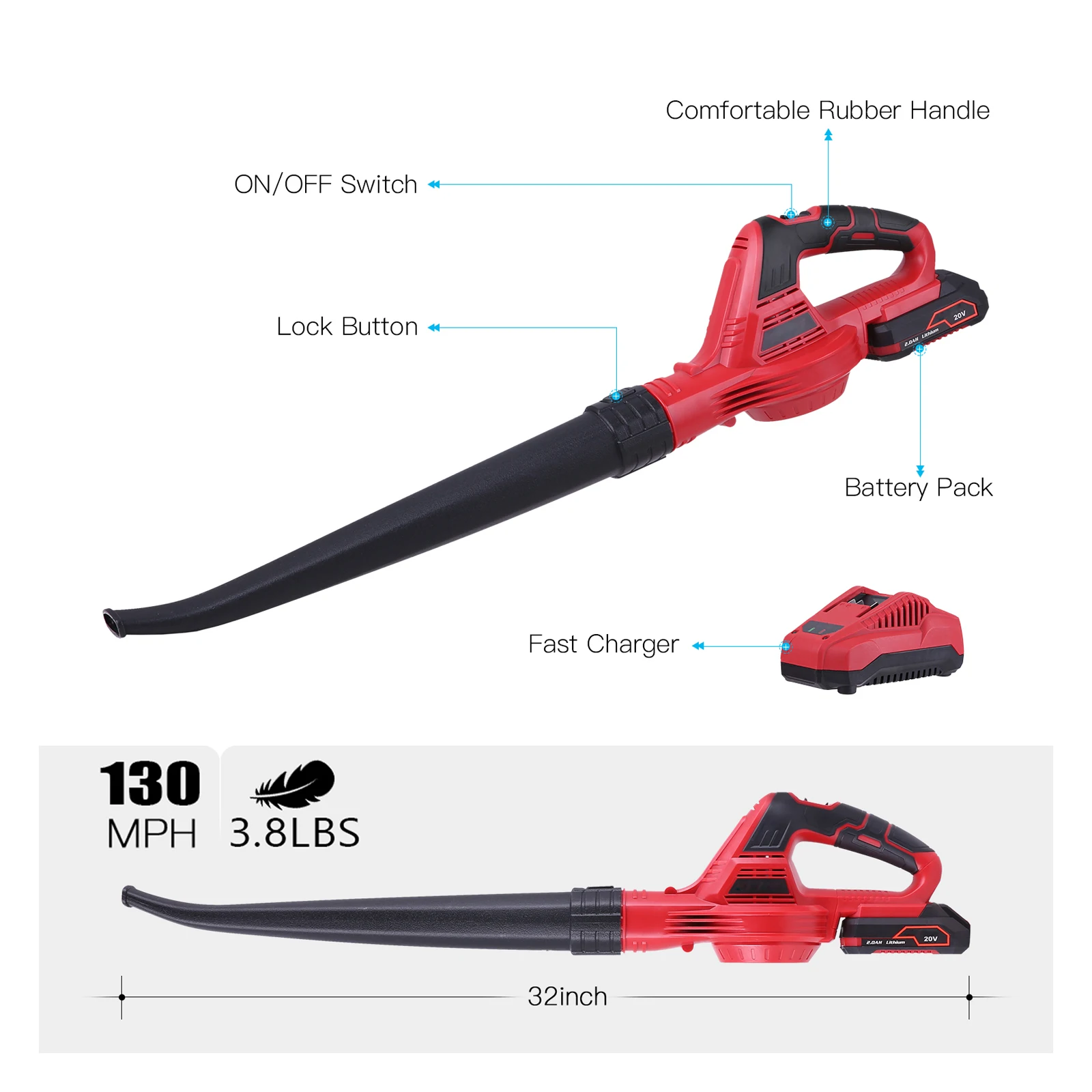 Souffleur de feuilles électrique sans fil 20 V, batterie au lithium 2,0 Ah et chargeur inclus pour éliminer les feuilles et le balayage des détrits