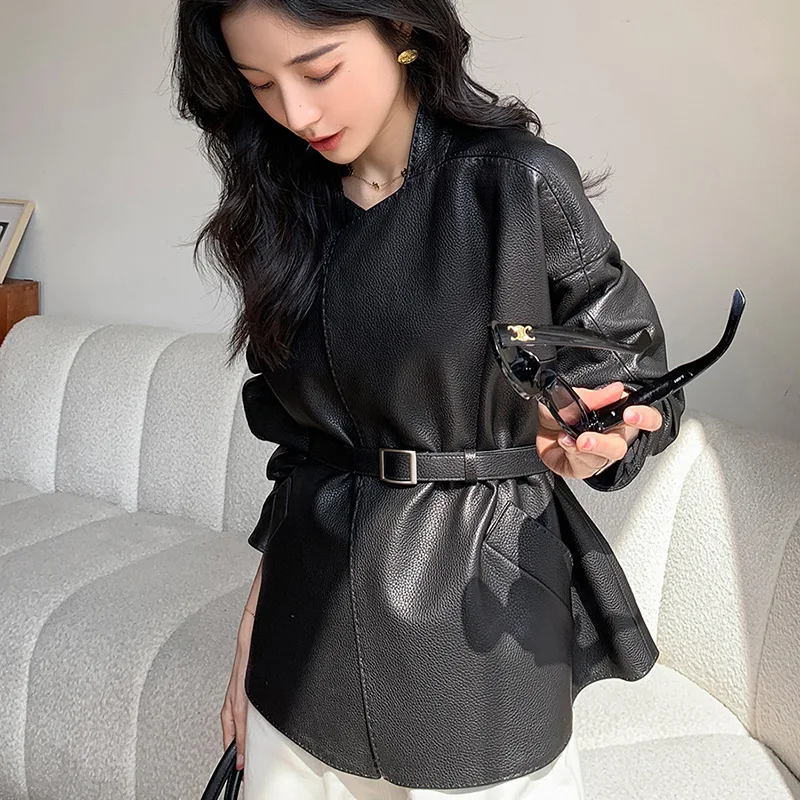 Veste en cuir véritable en peau de mouton souple, noire unie, élégante, à lacets, manteau en daim d'agneau haut de gamme pour femmes