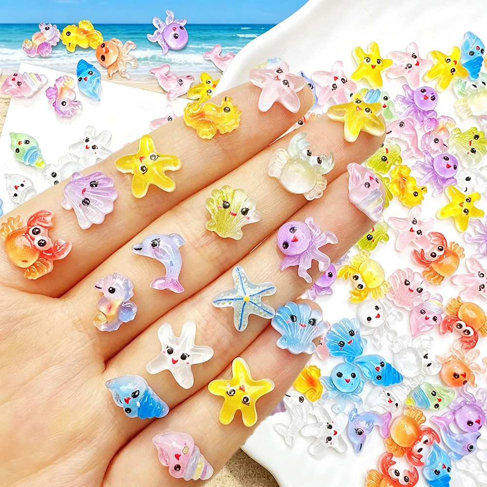 50Pcs Cute Octopus Starfish Resin Nail Charms 3D Cartoon Ocean Shell Conch Crab Nail Rhinestones DIY Crafts Manicure Decoration#