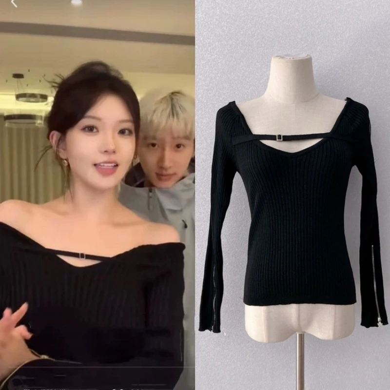 

Kpop Korean 2022 Autumn/Winter Off Shoulder Knit Pullover Tops Women Long Sleeve Sweater Hot Girl Nightclub Sexy Slim Knitwear