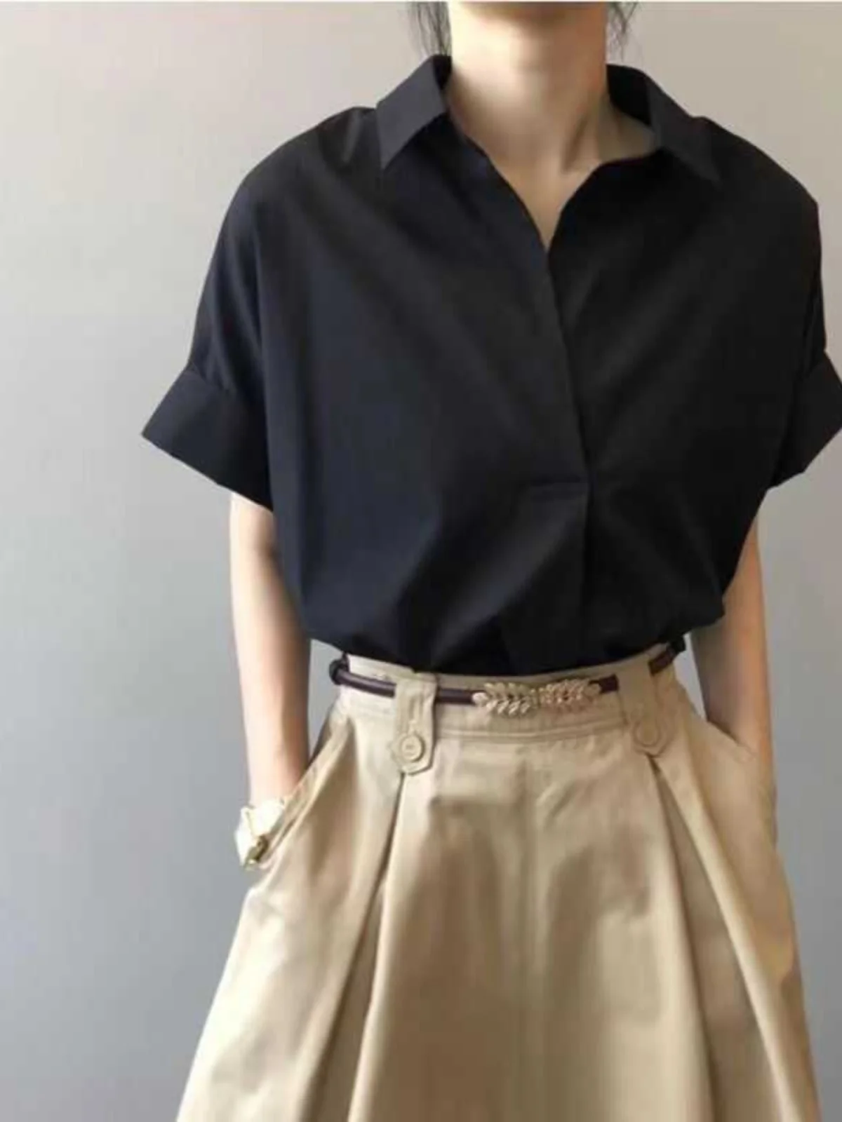 

Retro Bla Loose ort Sve irt Women's Summer Thin Simple irt f Sve Top Korean Sle Commute Sle Polyes...