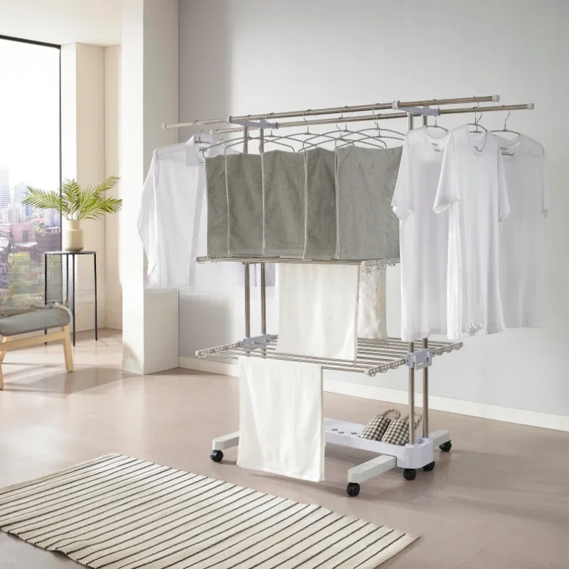 

4-section multifunctional stainless steel mobile folding clothes rack double-rod wing storage drying rack