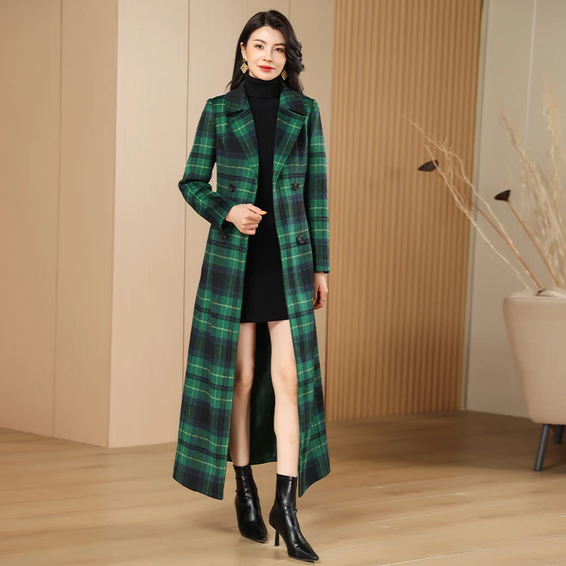 Green Plaid Wool Coat for Women, Slim Fit Elegant Suit Collar Long Trench Coat, Chic Streetwear Outfit, High-End Fall Winter Fas