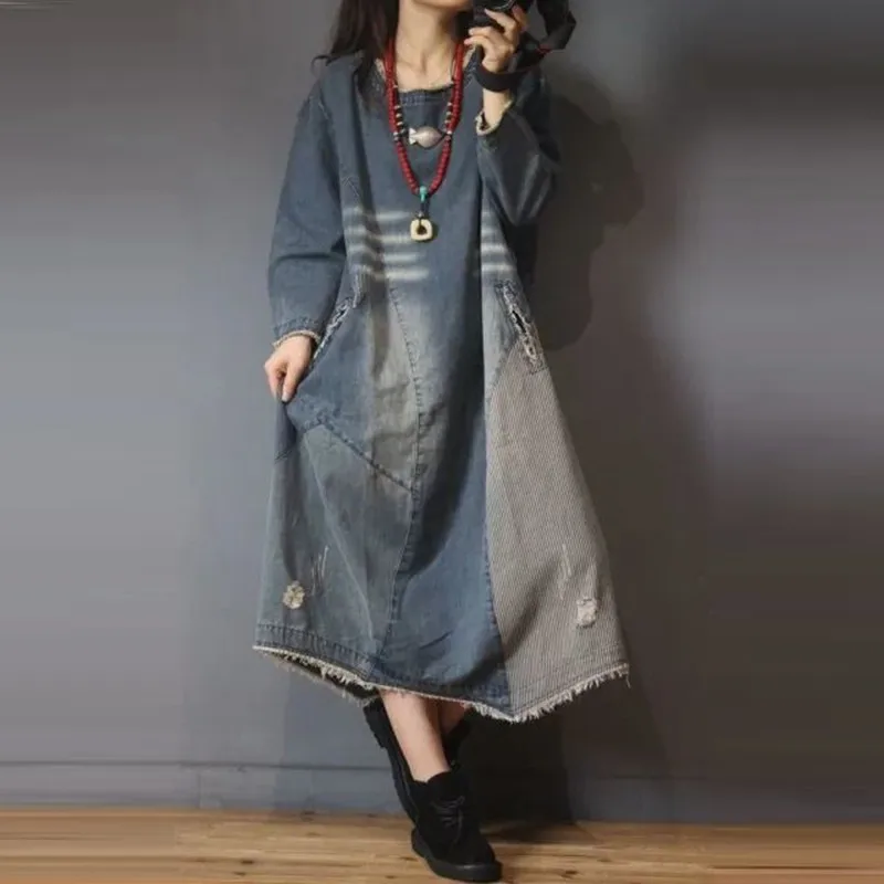 2023 Spring Autumn New Arts Style Women Long Sleeve O-neck Loose Dresses Vintage Blue Patchwork cotton Denim Long Dress P394