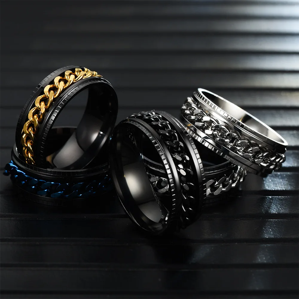 Cuban Chain Free Turning Embossed Gear Men's And Women's Rings Fashion Punk Hip Hop Dazzle Stress Relief Fidget Jewelry Gift