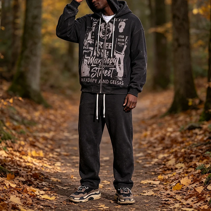Streetwear Print Hooded Tracksuit Suits Mens 2026 Autumn Zipper Hoodie Tops And Pants Two Piece Sets Fashion Loose Outfits Mens