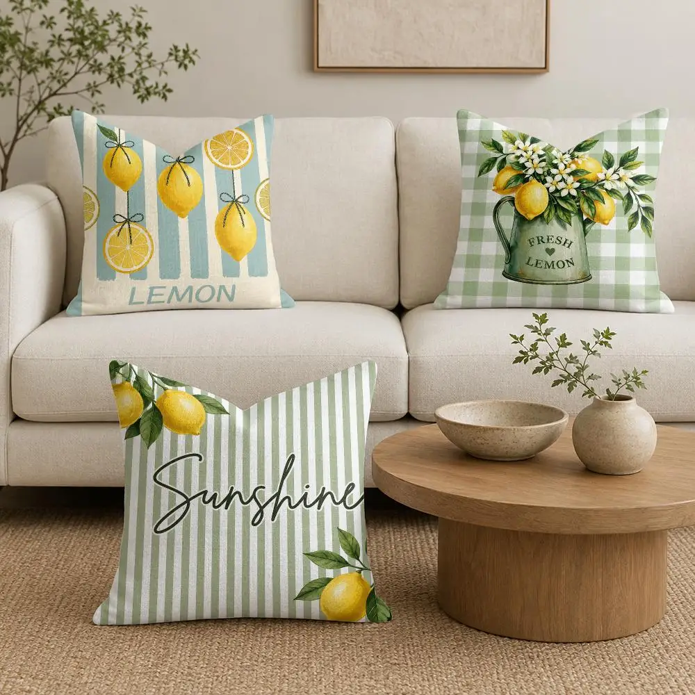 Striped Sunshine Lemon Cushion Cover Natural Linen Organic Fabric Double-Sided Printing Sofa Home Decor Gift Pillow Cover