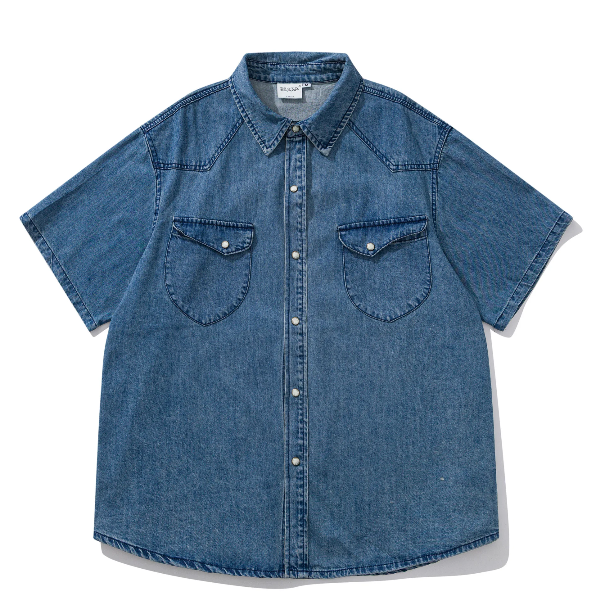 

Japanese Retro Amikaji Washed Multi Pocket Workwear Short Sleeved Shirt for Men and Women Loose Five Quarter Sleeve Denim Shirt