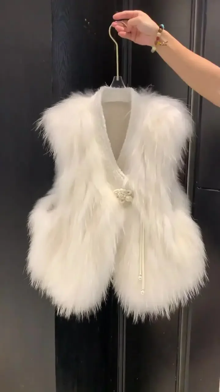 Abrigo de piel para mujer, chaqueta con chaleco peludo, otoño e invierno, nuevo traje de chaleco de piel 2024