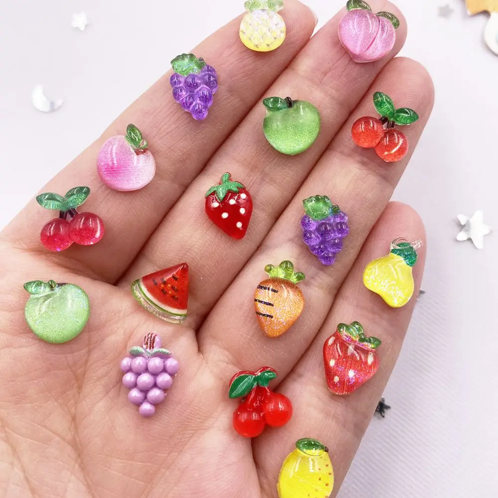 50pcs Resin Colorful Glitter Apple Grape Cherry Radish Fruit Nails Art Flatback Rhinestone Applique DIY Scrapbook Figurine Craft