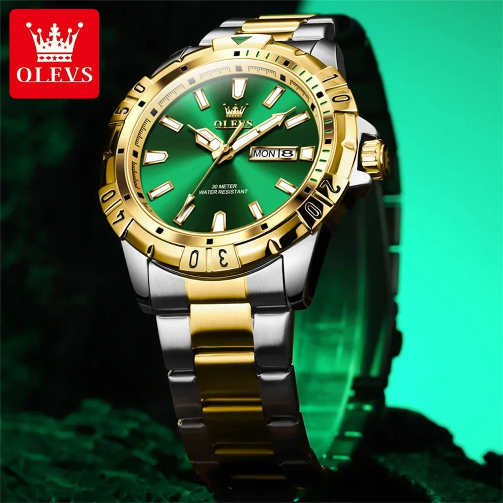 OLEVS Luxury Fashion Men Quartz Watch Dual Calendar Window Luminous Hands Stainless Steel Waterproof Sport Business Male Watch