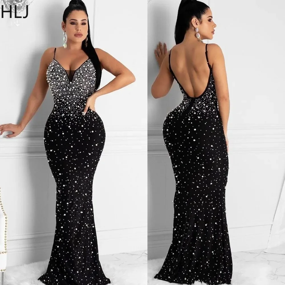 

HLJ Fashion Luxury Rhinestones Bodycon Evening Party Suspended Dress Women V Neck Thin Strap Slim Floor Dresses Female Vestidos