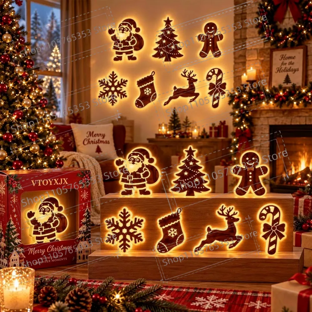2027 Reindeer Glow Christmas Decor LED Light Up Glowing Reindeer Wall Stickers Outdoor Festive Lighting Holiday 3D Wood Decor