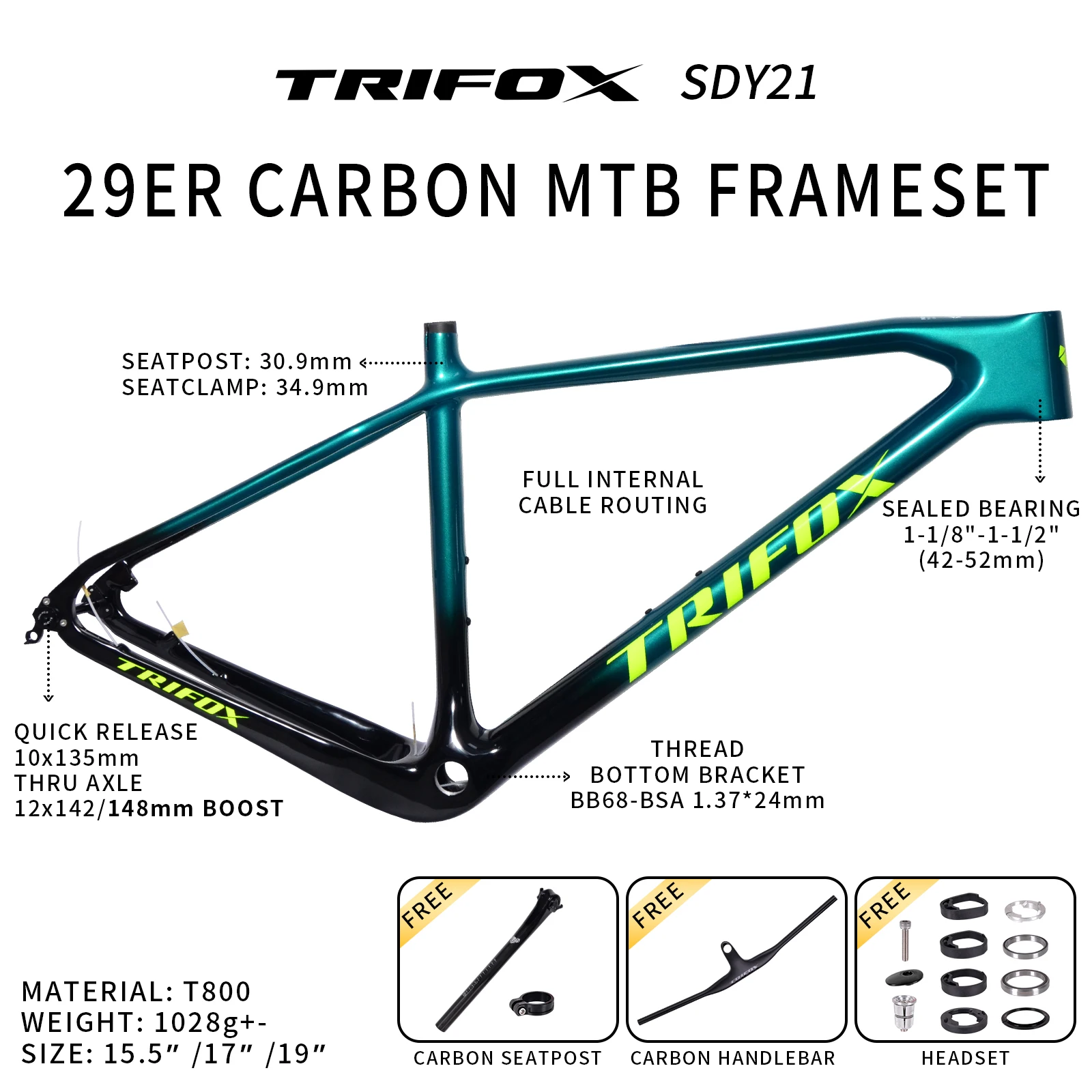 TRIFOX Carbon MTB Hardtail Frame  Full Internal Cable Routing 29er, Thru Axle 148/135mm V-Brake Mountain Bike Frameset