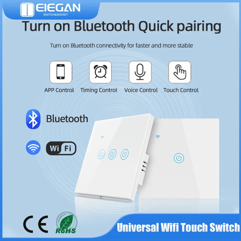 

Tuya Smart Switches EU No Neutral Wire Required 1/2/3/4 Gang Light WiFi Touch Switch Work with Alexa Google Home