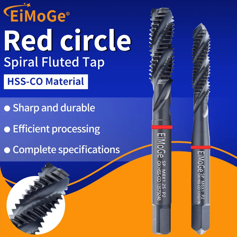 EIMOGE HSS-Co M35 Spiral Flute Tap Oxide Coating with Red Ring JIS Standard High Performance M14 - M24 CNC Machine Tapping