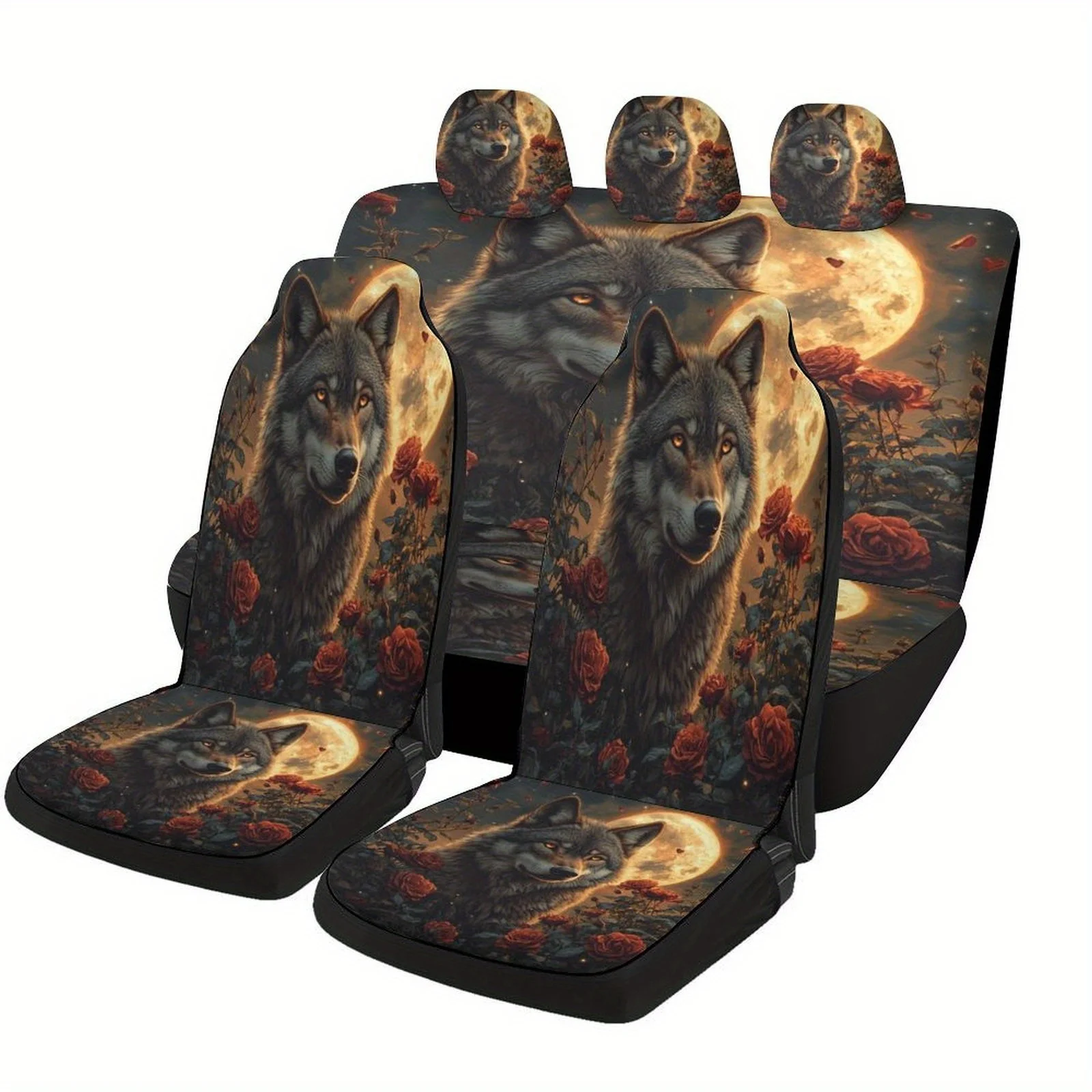 Wolf Moon Roses Fit Car Seat Cover Set For Most Vehicles - Full Set For 2 Front & Rear Seats With Headrest & Back, Elegant & Wol