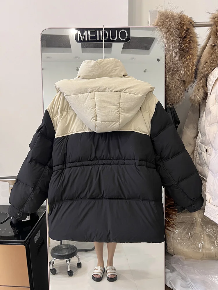 Chaqueta de plumón para mujer, nueva versión coreana con capucha, Bolsillo grande, chaqueta de plumón de pato blanco 90 a la moda, abrigo de moda 2025