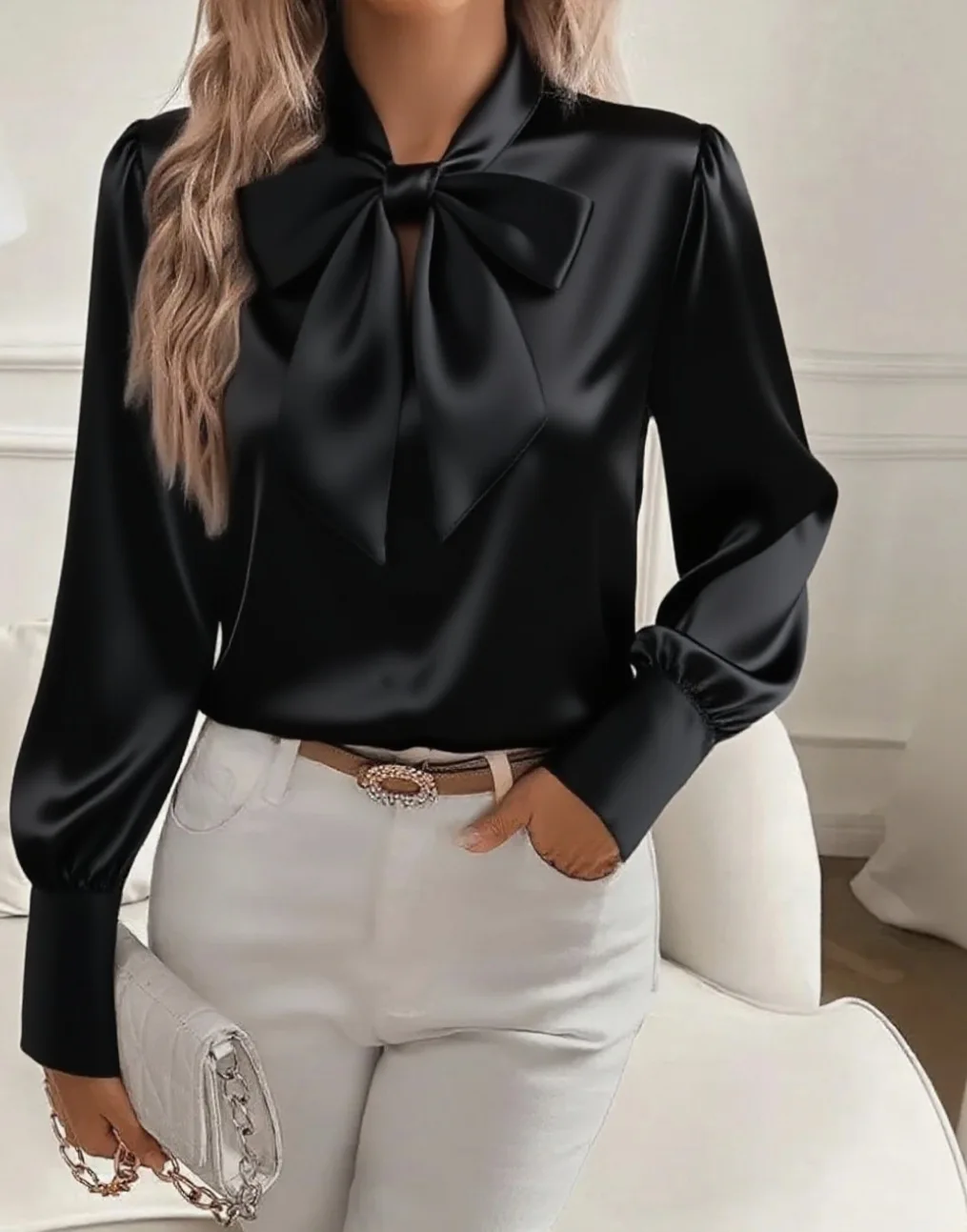 2025 Spring Autumn New Women's Bow Shirt Long Sleeve Satin Fashion Korean Top Elegant Office Basic White Blouses for Female