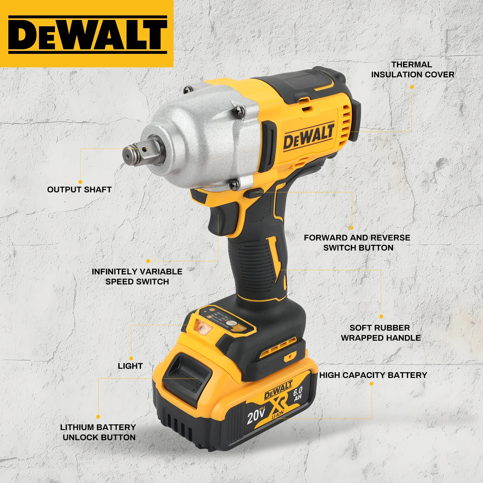 DeWalt DCF900 عزم دوران عالي بدون فرش 20 فولت مفتاح ربط كهربائي بطارية ليثيوم تعمل بالطاقة الكهربائية متينة للمهنة