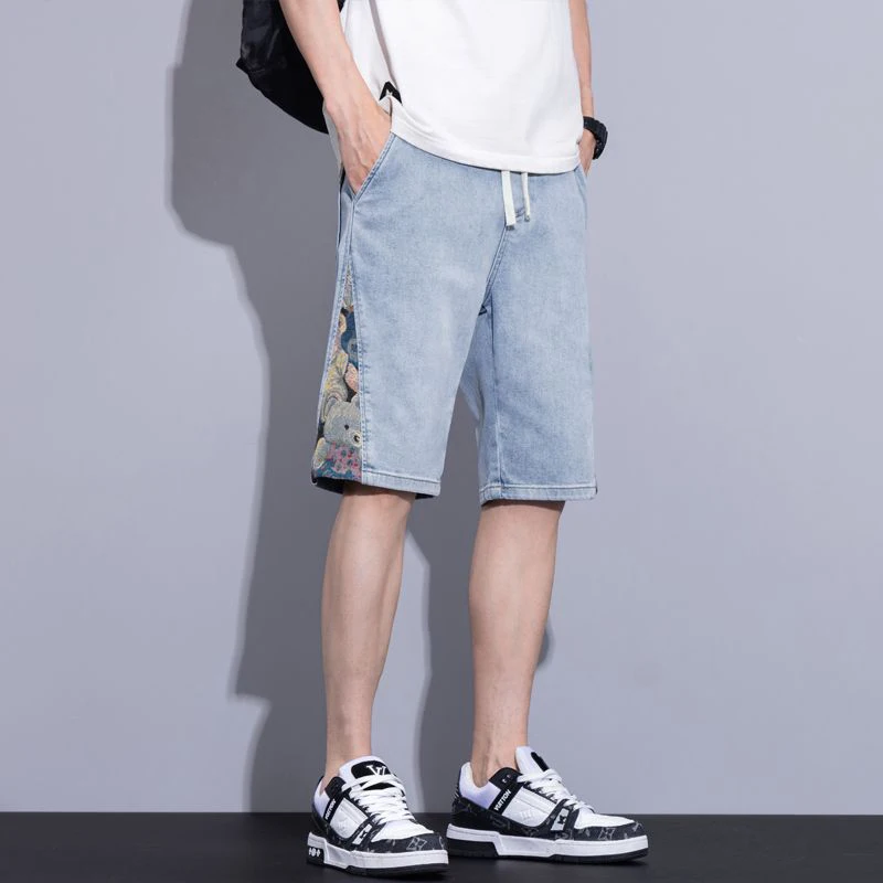 2025 新アイスシルク薄型スタイルデニムショーツ男性ストレートファッションカジュアル高品質ジーンズ男性ハイストリートレトロブルーショートパンツ