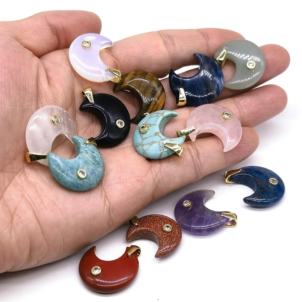 20mm Wholesale Moon Shaped Natural Crystal Stones Amethyst Quartz Tiger Eye Carved Gemstone for Diy Making Pendants Handicrafts