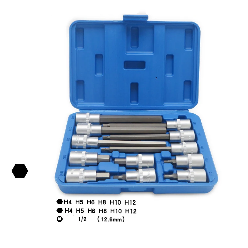 12PCS 1/2inch Square Drive Hex Bit Socket Set H4 H5 H6 H8 H10 H12  140mm And 56mm Length  Repair Spanner Sleeve Hand Tools