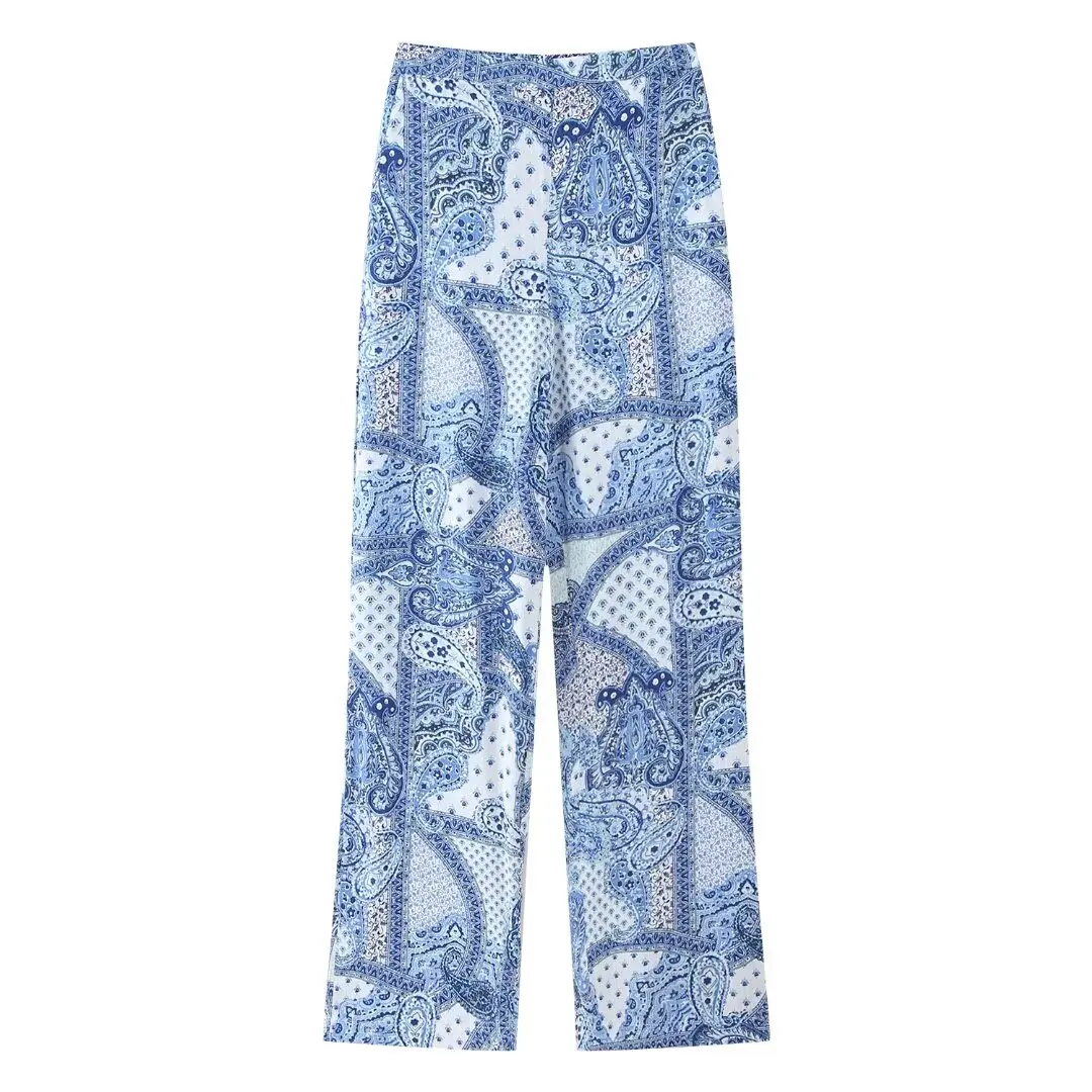 

lightweight Paisley printed wide leg pants For Summer Casual French Fashion elegant Pajama style Elastic Waist Pants