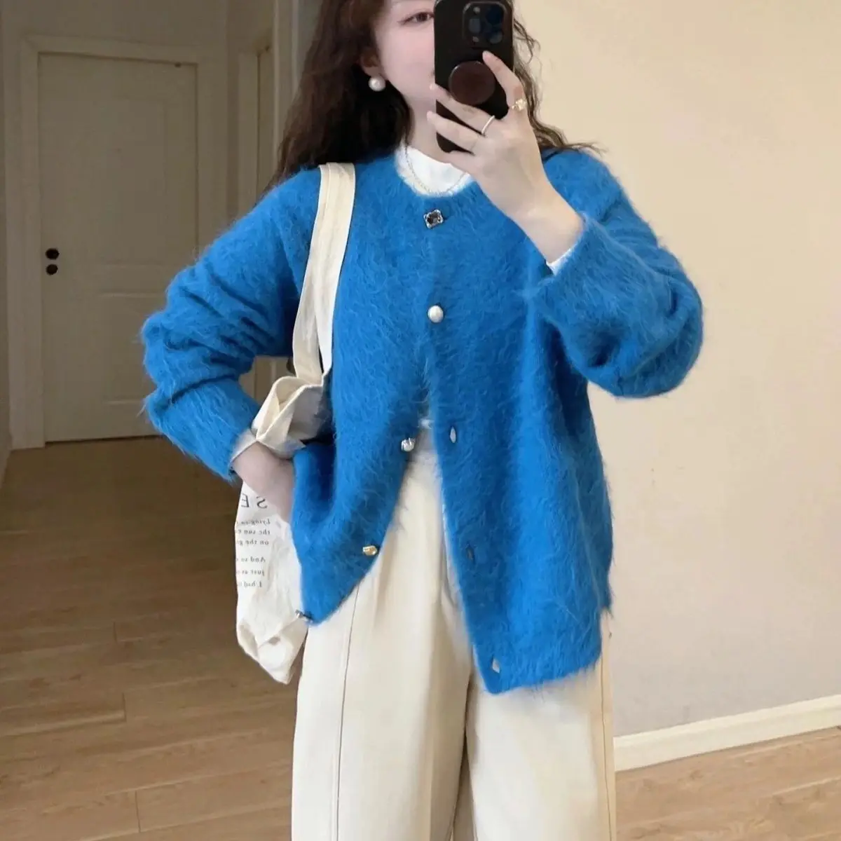 

Korean Blue Knitted Sweater Cardigan Women 2024 Autumn Winter New High-End Soft Waxy Comfortable Loose Long-Sleeved Top