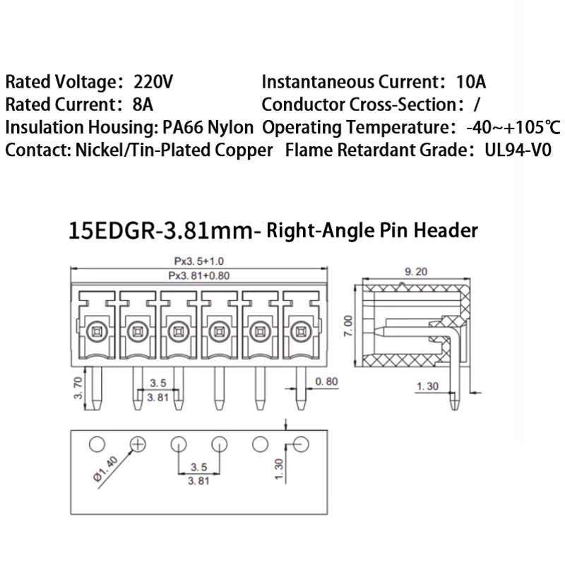 【풀세트 5개】15EDGK-3.81mm 직각 헤더 & 플러그 어셈블리 | 이중 플랜지 패널 장착 | -40℃~105℃ 혹한환경용