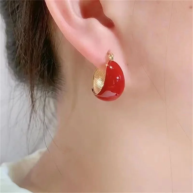 Simple Design Wine Red Dripping Oil Dangle Earrings For Women Gold Color Circle Vintage Hoop Earring Jewelry Gifts Wholesale