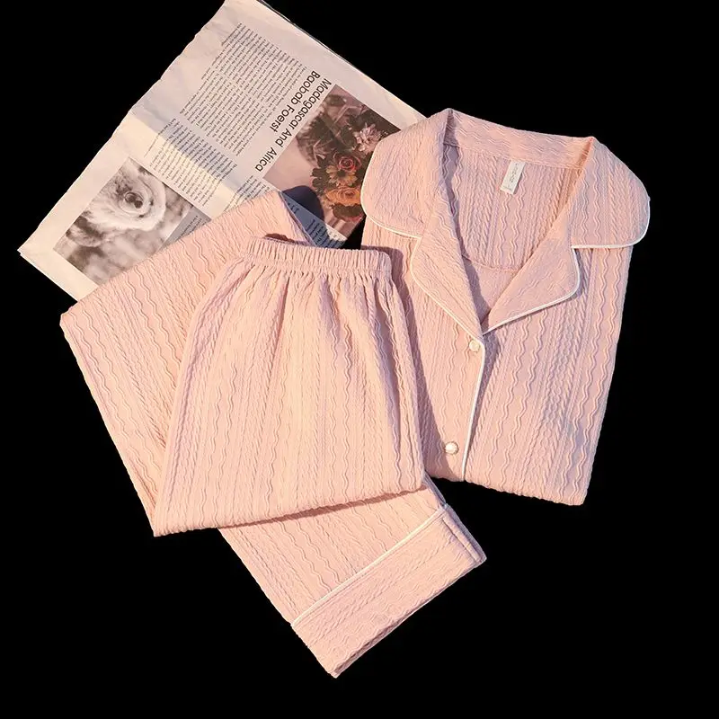 Women's Korean Style Pajamas Set Cotton-Like Jacquard Solid Sweet Home Sweater Simple Design Spring/Autumn Ins-Inspired