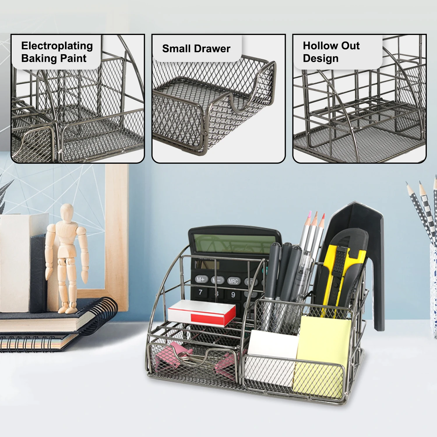منظم سطح المكتب المعدني باللون الرمادي الشمالي، شريط ملفات متعدد الوظائف، رف تخزين اللوازم المكتبية، حامل القرطاسية ومستحضرات التجميل، Co