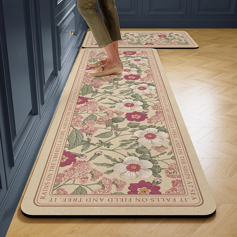 

Kitchen Carpet American Flower Pattern Long Rug Diatom Mud Non-slip Mat Water-absorbent Quick-drying Oil-absorbing Floor Mats