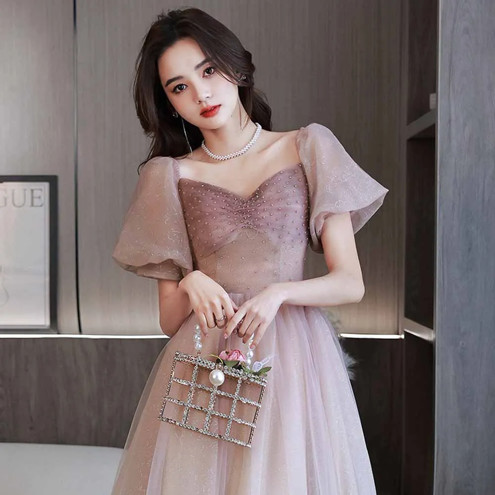 

Two Lengths Gradual Purple Evening Dress Elegant Women's Short Bubble Sleeves Pleated Beading Square Collar Gown A-Line Vestido