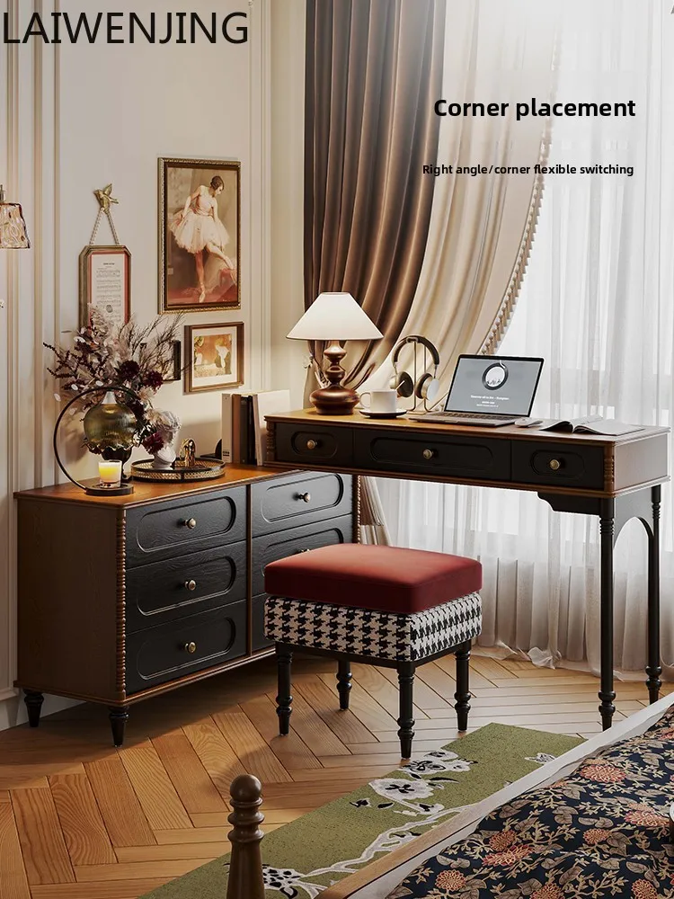 

SGF French Vintage Solid Wood Dressing Table and Chest of Drawers Integrated Retro Corner Makeup Table