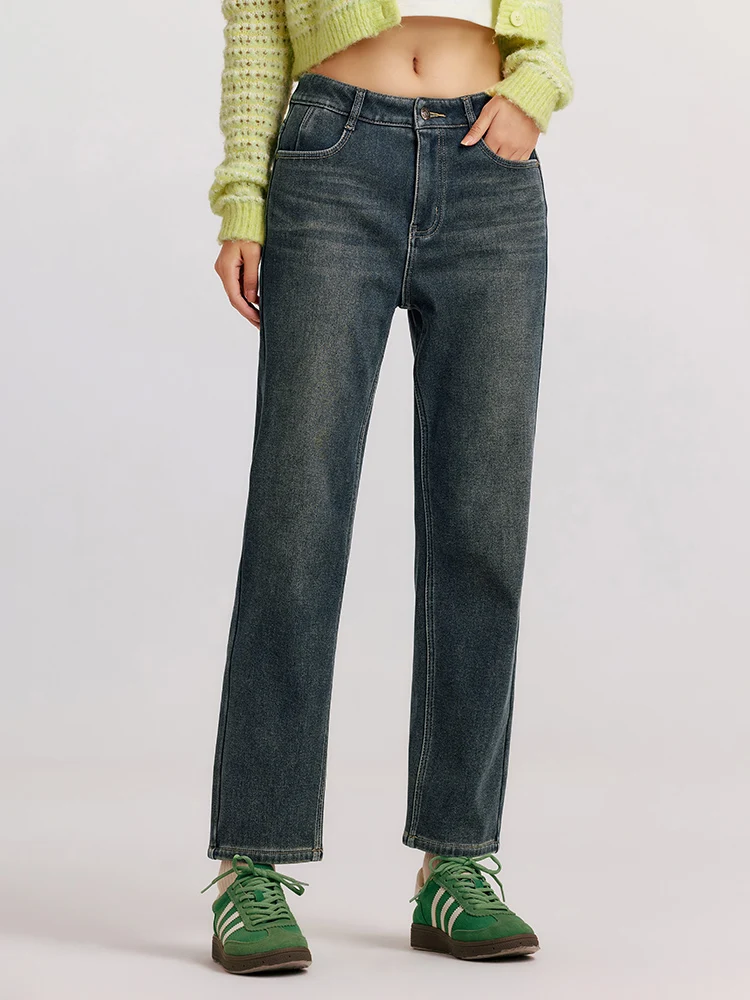Spodnie damskie Semir Jeans z polaru, postarzane, długie, retro, nowość na zimę 2025, wyszczuplające, z prostymi nogawkami. — zdjęcie 2