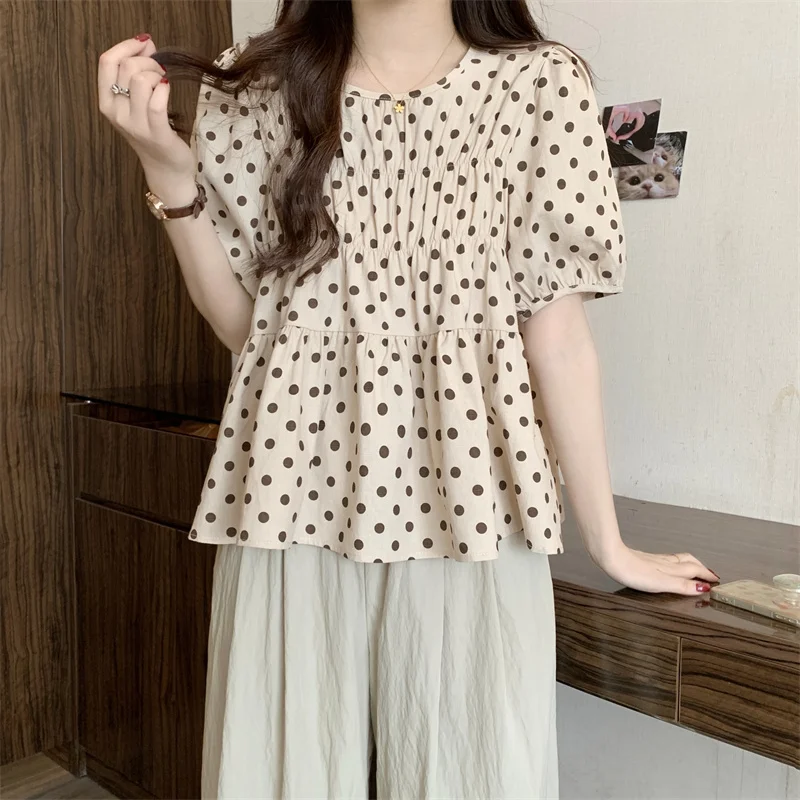 Polka Dot Blouse for Women 2024 Summer Puff Sleeve Shirt Elastic Folds Loose Retro Female Vintage Elegant Shirts Casual Tops 4XL