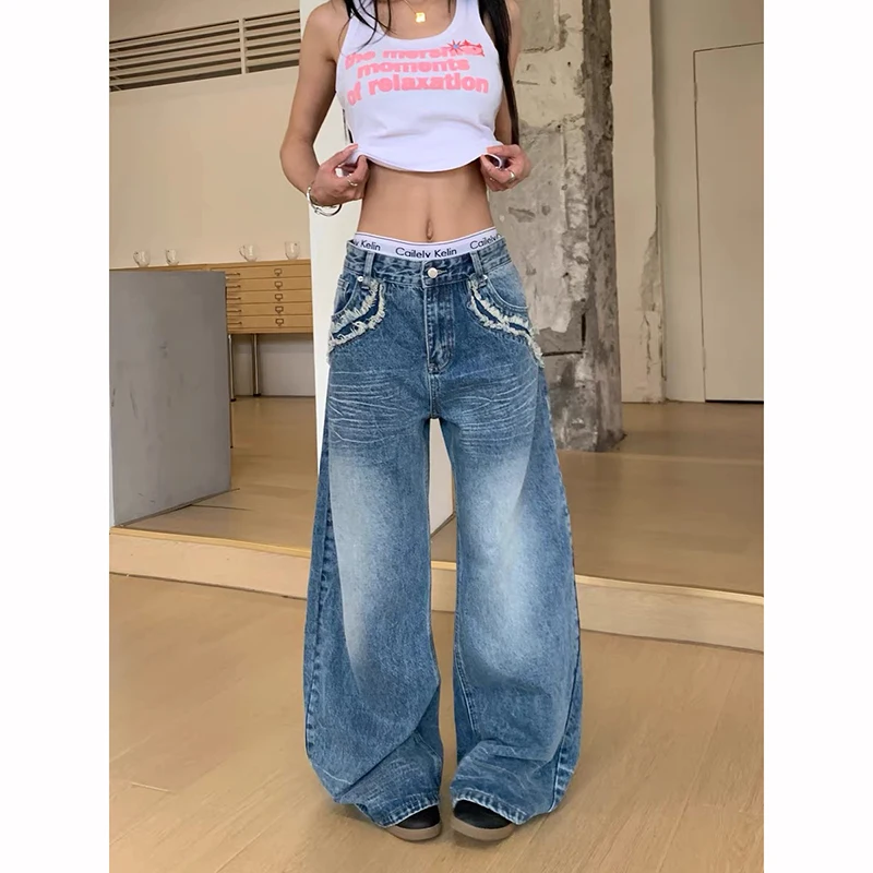 

ZHIZOU Women Blue Cargo Baggy Jeans Y2K American High Street Harajuku Aesthetic Vintage Oversize Jeans Pants Trousers Clothing