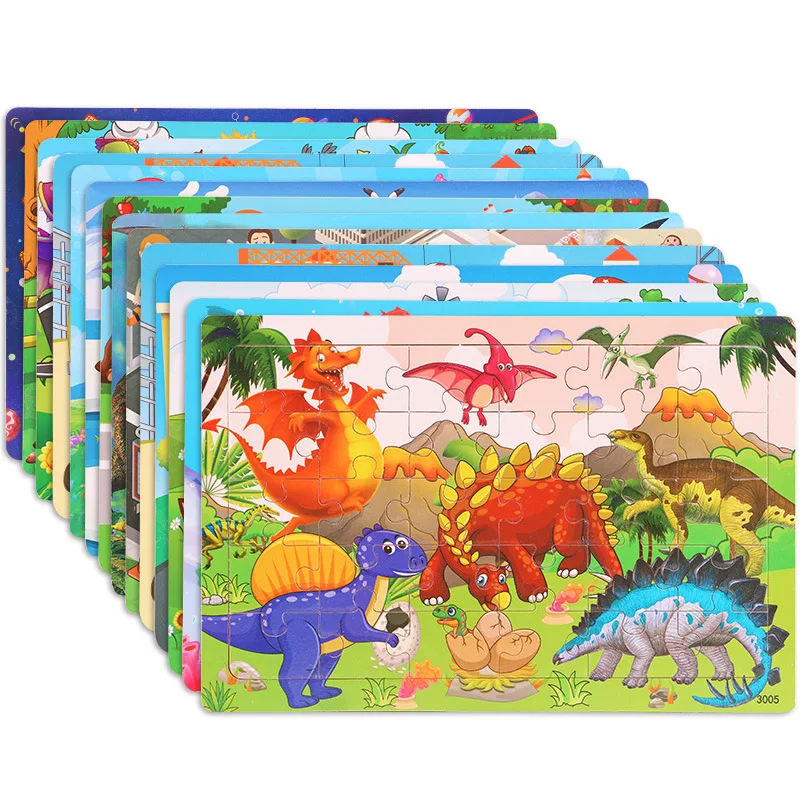 Nowe Drewniane Puzzle 30 Elementów Zwierzęta Dinozaury Samoloty Puzzle Edukacyjne Klocki do Składania na Prezent — zdjęcie 2