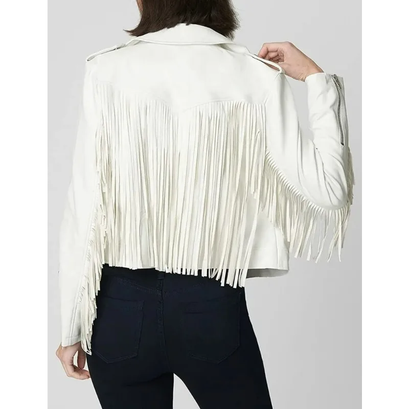 

Women's White Lambskin Genuine Leather Western Style Fringe Jacket European and American Fashion Trends