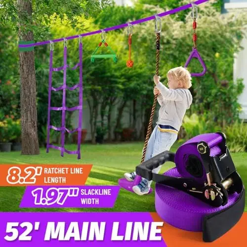 Obstacle Course for Kids-Slackline 52ft with 9 Accries,Awing Seat,Clim Net,Monkey Bar -Obstacle Course Outdoor-Playset